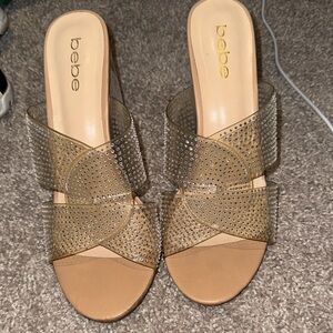 Bebe Gold and Tan Studded Mules